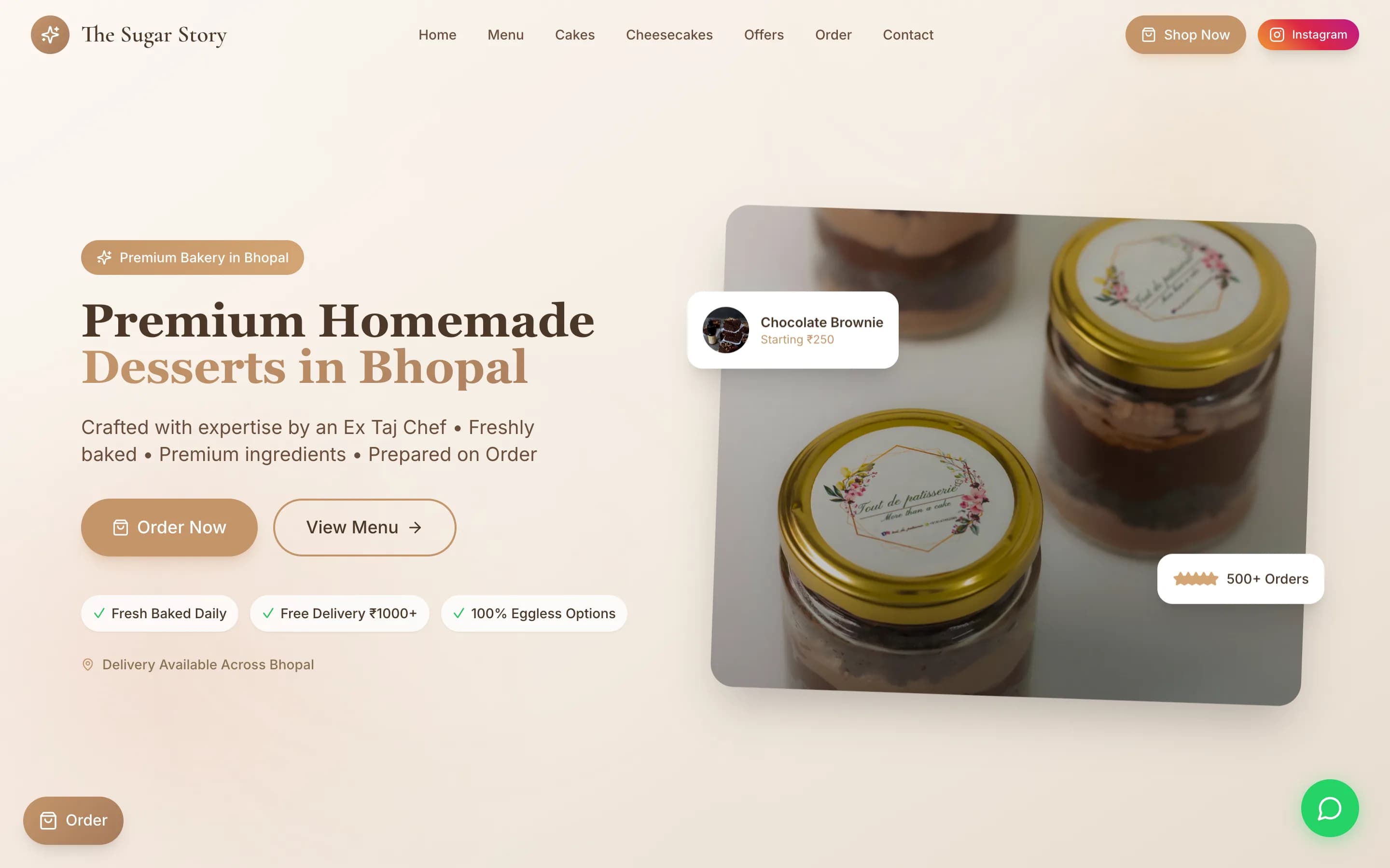 Homepage of The Sugar Story, a premium homemade bakery in Bhopal, with online ordering
